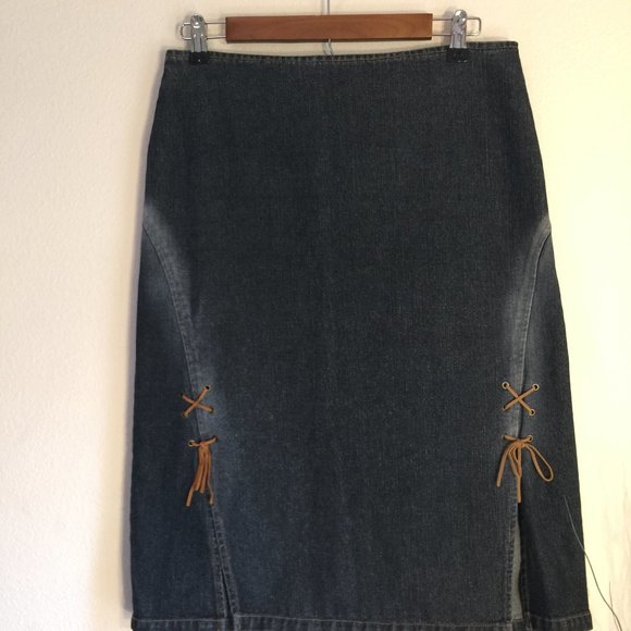 Clio Pencil Midi Skirt Dark Denim Vintage Laced Front Skirt Size - Picture 1 of 7